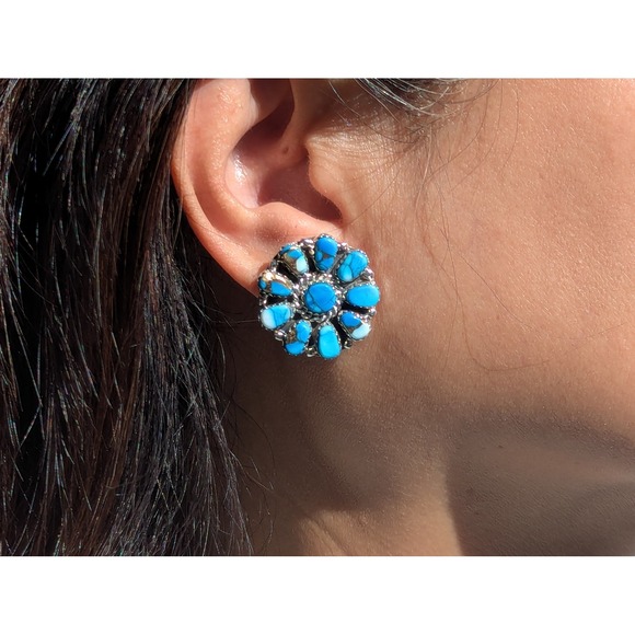 Navajo Floral Turquoise Stone Stud Earrings Sterling Silver Handmade Jewelry ** - Picture 3 of 13